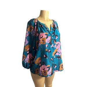 Women S Tucker NY Button-Down Green Floral Printed Blouse Shirt Top 100% Silk